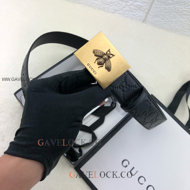Gucci Monogram Leather Belt Brass Square Bee Decor Buckle